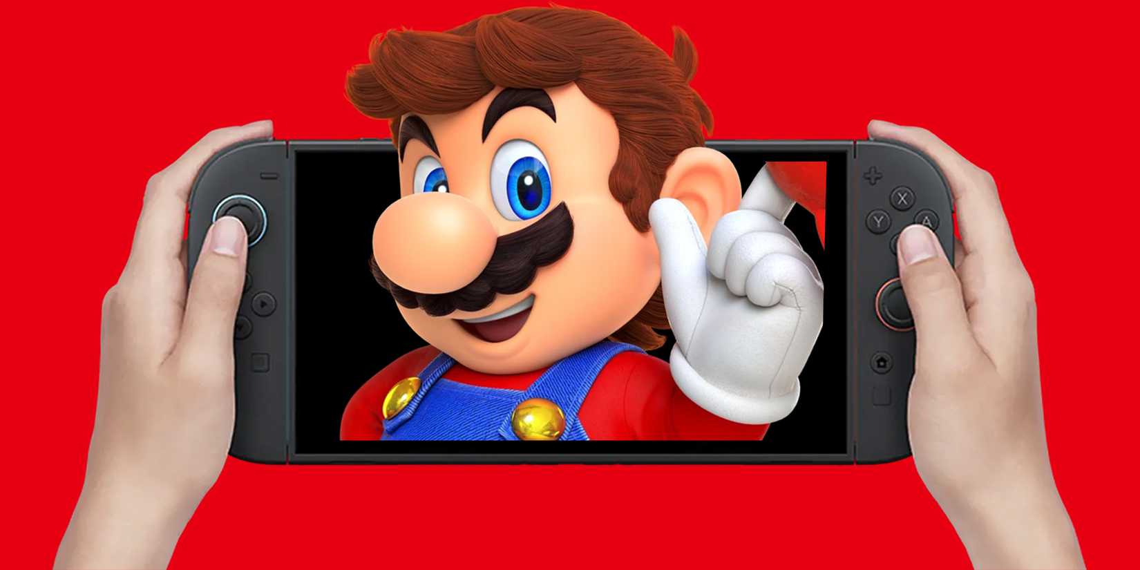 Mario spins Cappy as he emerges from handheld Nintendo Switch 2 2x1 composite red background
