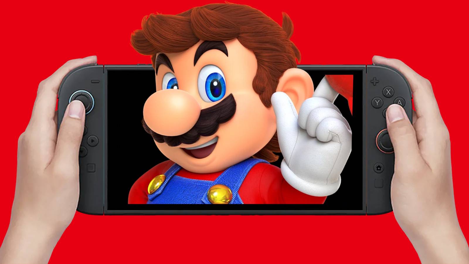 Mario spinning Cappy while emerging from hand-held Nintendo Switch 2 2x1 composite red background