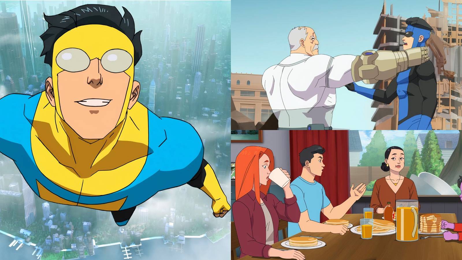 Mark flying as a superhero, Conquesting choking a blue-suited Invincible, and Eve, Mark, Debbie, and Oliver enjoying breakfast in Invincible