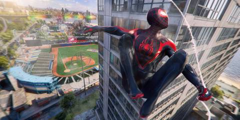 Marvel's Spider-Man 2 promo image of Miles web-swinging