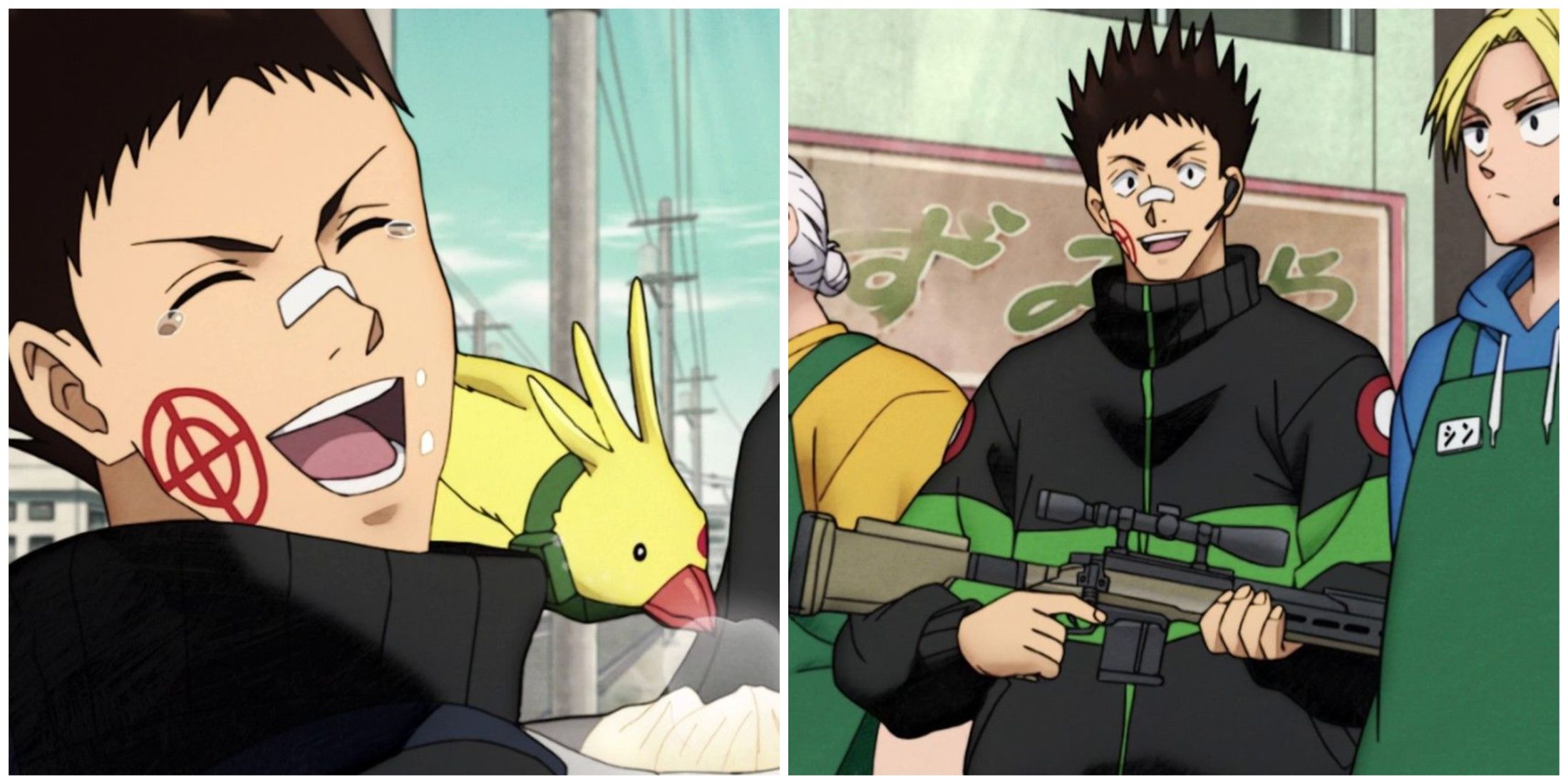 Split image of Mashimo eating meat buns and in a competition with Shin and Sakamoto in Sakamoto Days