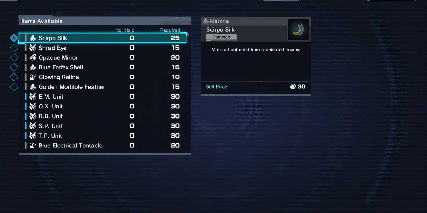 Material Market Menu in Xenoblade Chronicles X Definitive Edition