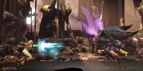 Samus Aran fighting an enemy in Metroid Dread