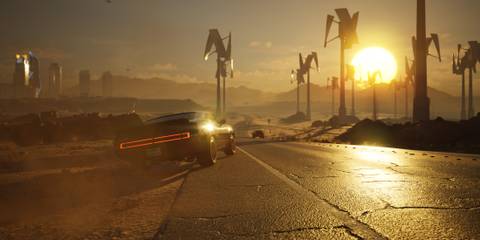 MindsEye promo screenshot car driving down Redrock desert road toward sunset chase