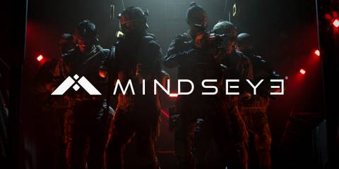 MindsEye squadron promo cutscene screenshot with white game logo 2x1 composite