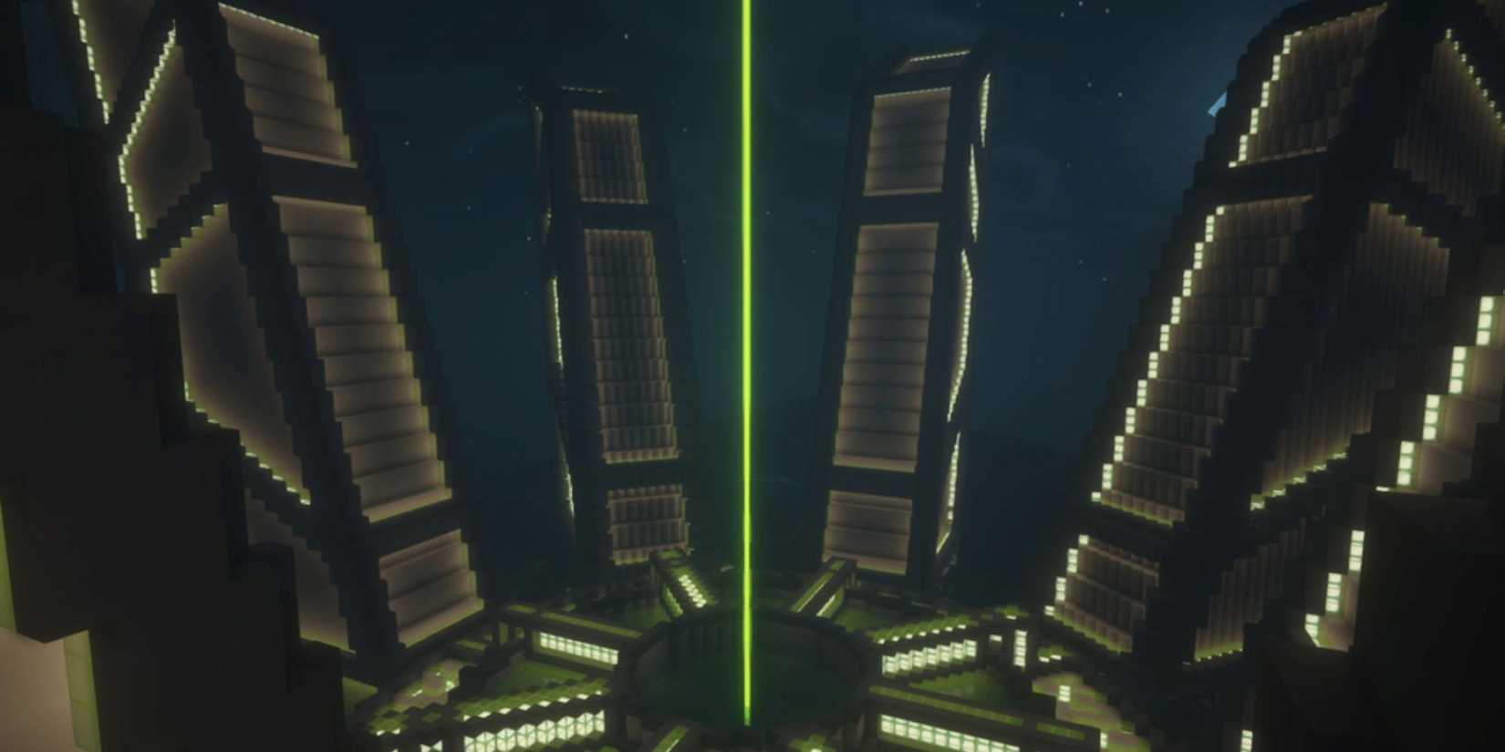Futuristic black and green beacon megabase