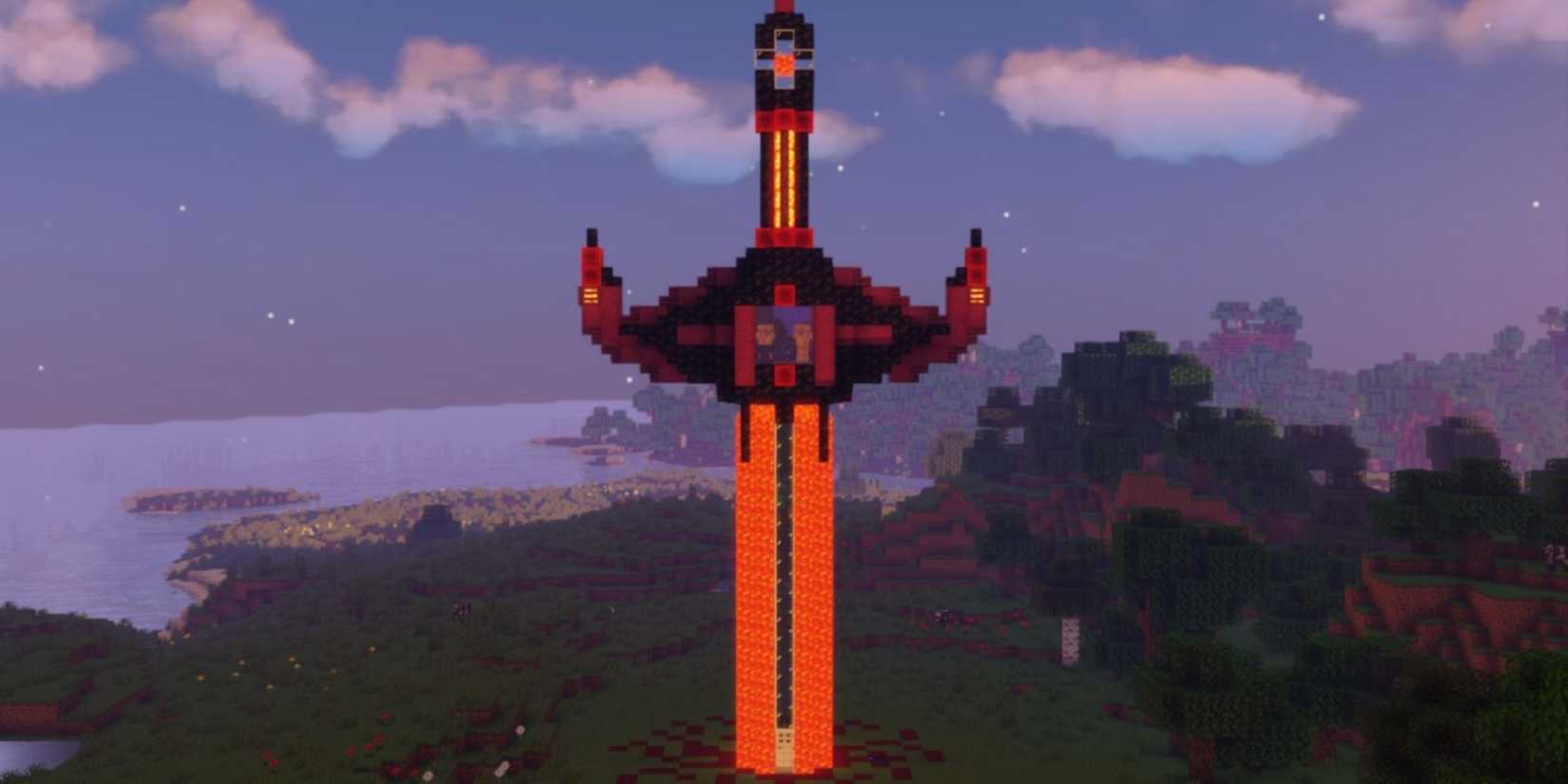 Red and black lava sword base with grassland and forest in background