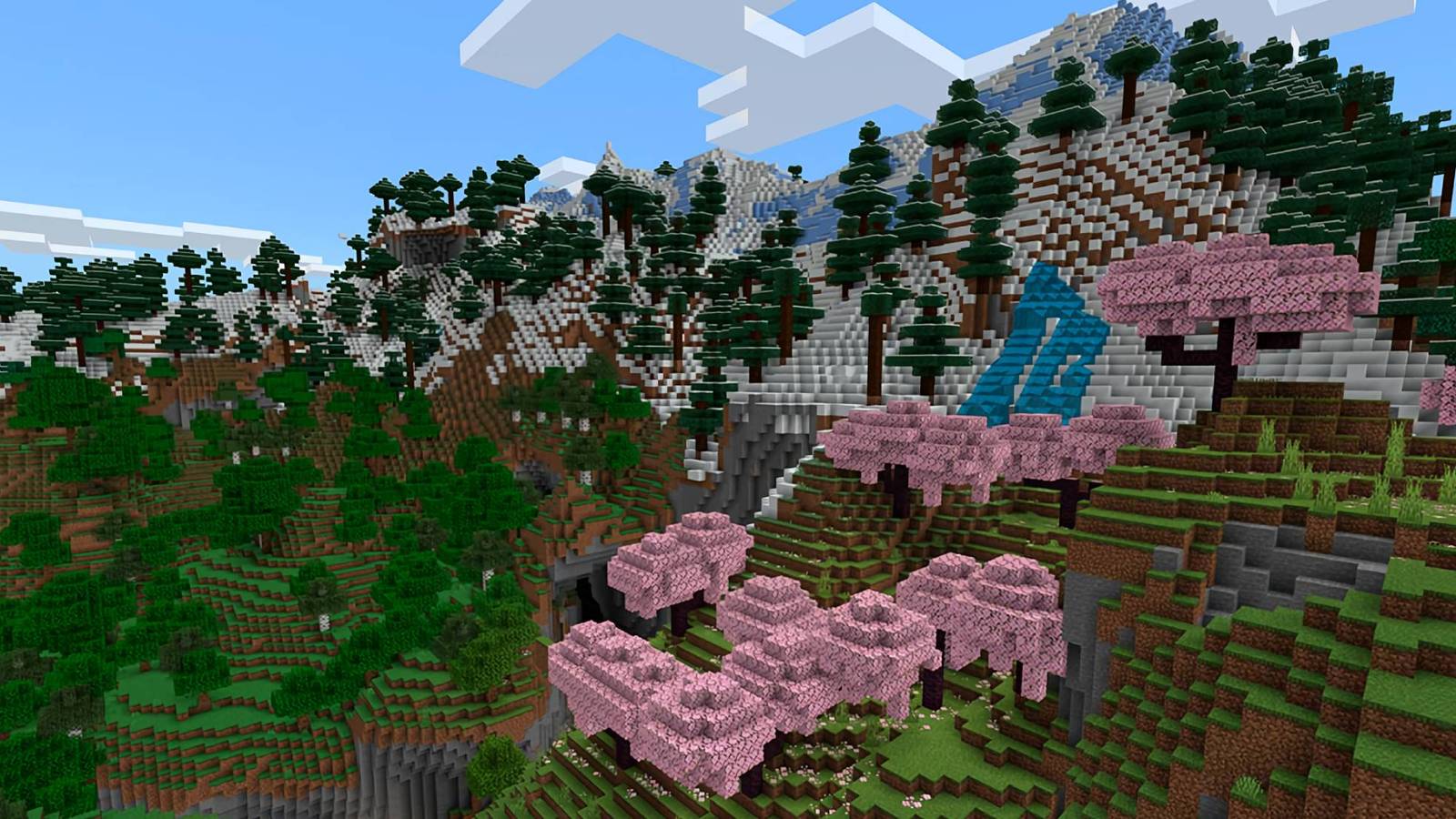 An image of a mountain forest from Minecraft
