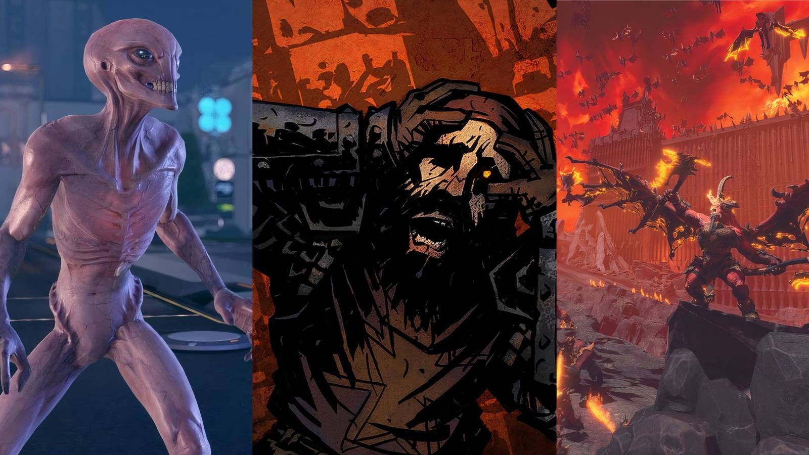 Feature image depicting XCOM 2, Darkest Dungeon, and Total War Warhammer 3
