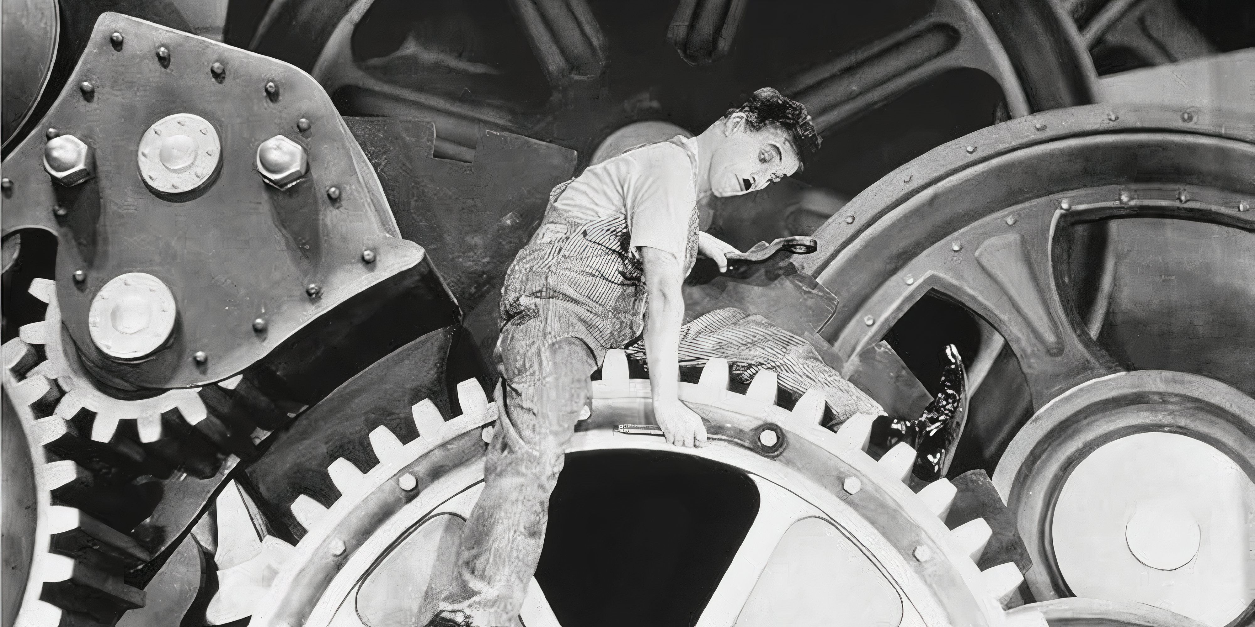 10 Movies About Humanities Struggle With Technology Charlie Chaplin sits on machinery