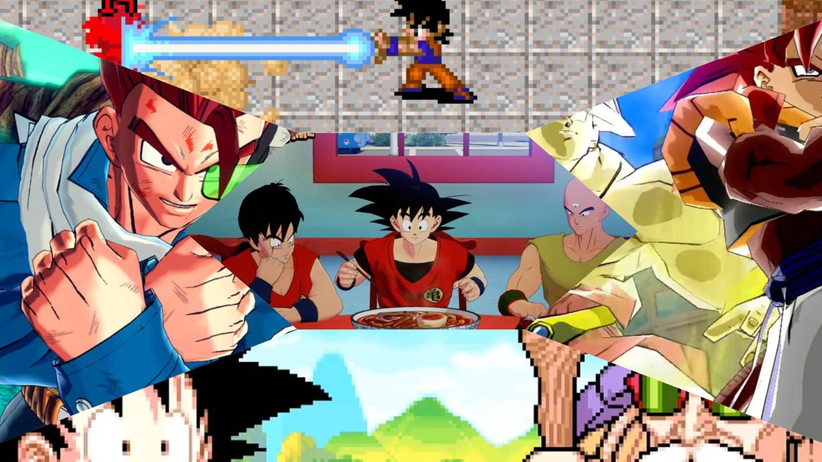 Dragon Ball Z: Kakarot, Dragon Ball Advanced Adventure, Dragon Ball Z: Legacy of Goku, Dragon Ball Z: Budokai 3, Dragon Ball Xenoverse mixed gameplay collage