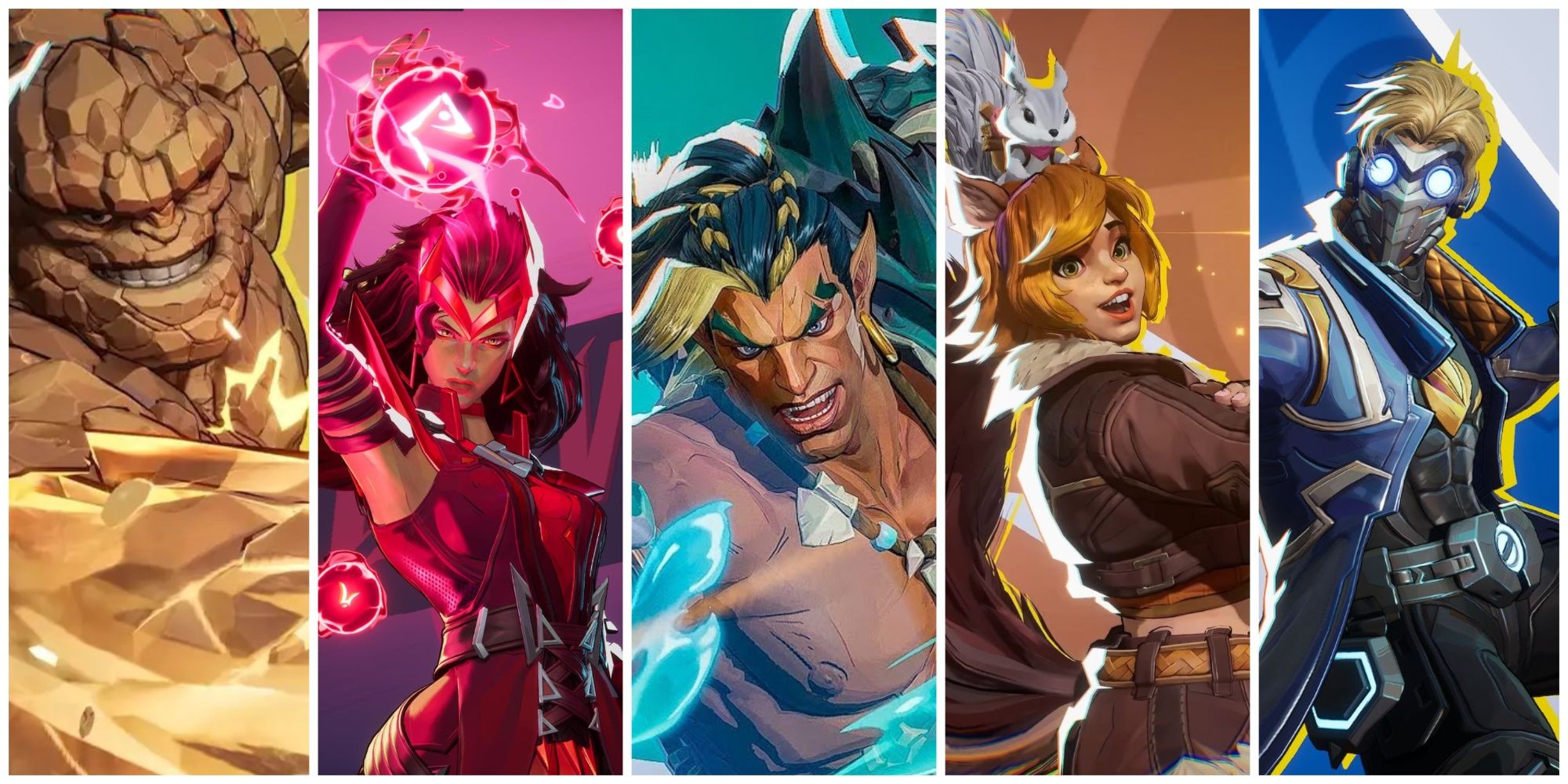 A collage of images of the heroes The Thing, Scarlet Witch, Namor, Squirrel Girl and Star-Lord from Marvel Rivals