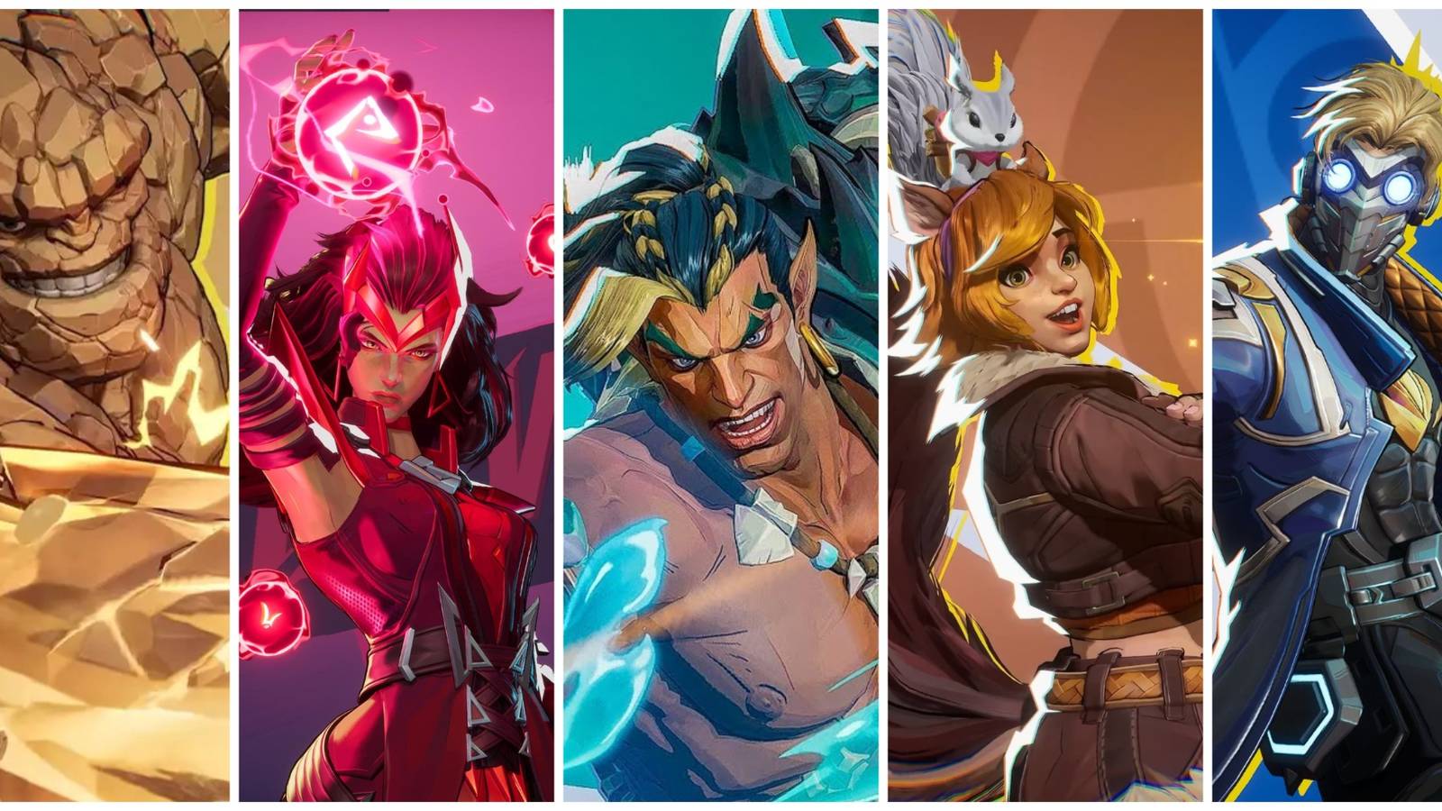 A collage of images of the heroes The Thing, Scarlet Witch, Namor, Squirrel Girl and Star-Lord from Marvel Rivals