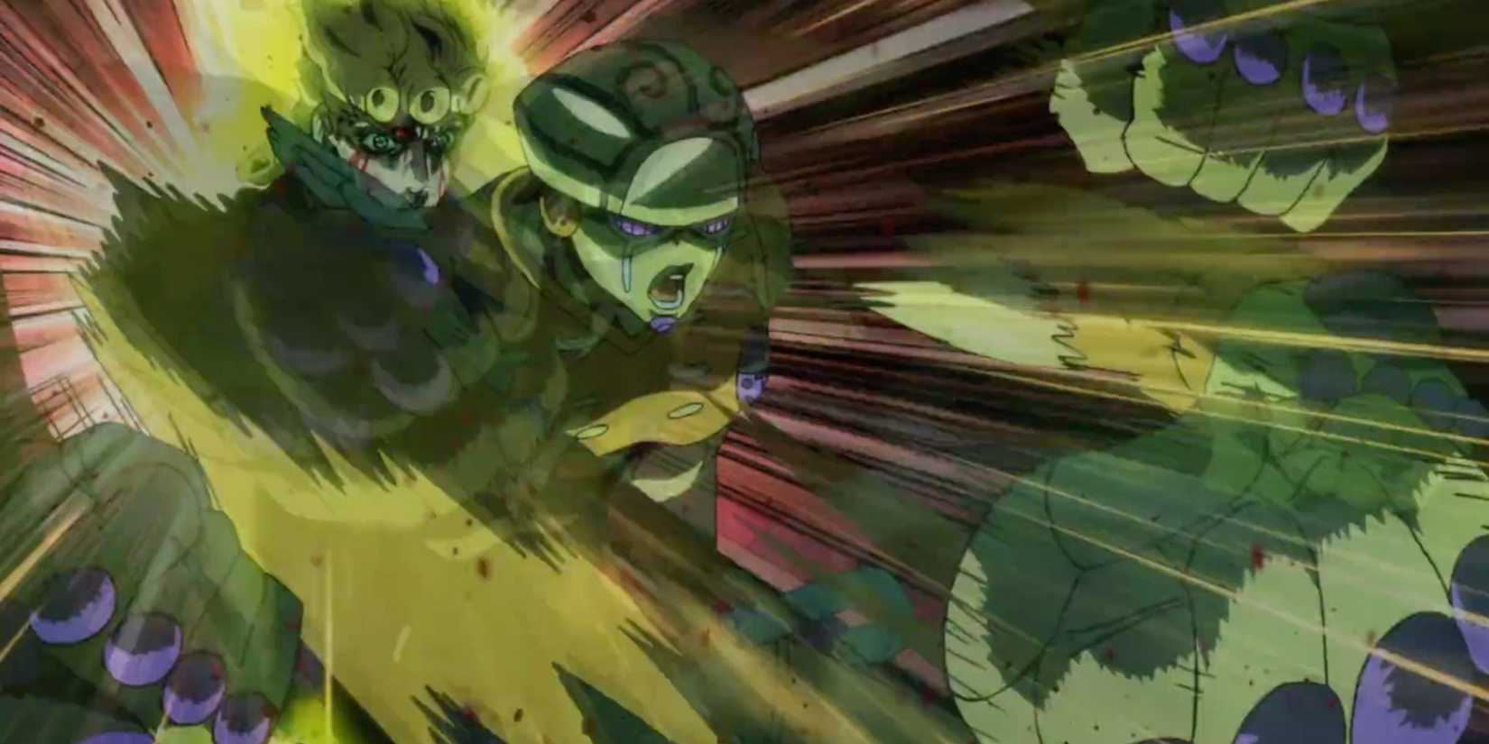 Giorno beating up Cioccolata with the 7-page Muda in JoJo's Bizarre Adventure Golden Wind