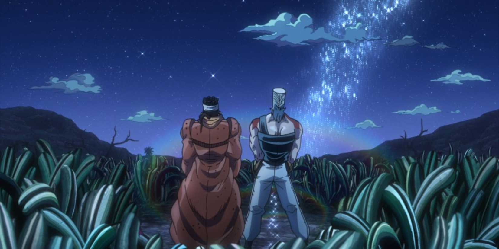 Avdol And Polnareff Relieving Themselves Into Cameo's Breathing Straw in JoJo's Bizarre Adventure Stardust Crusaders