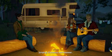 steam screenshot, Meredith sitting around a campfire