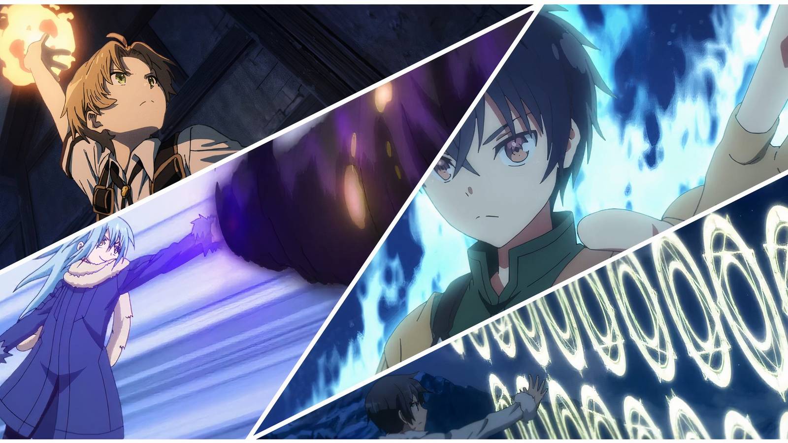 10 Best Isekai Anime With Mage Protagonists, Ranked cover with Mushoku Tensei: Jobless Reincarnation, That Time I Got Reincarnated As a Slime, Seirei Gensouki: Spirit Chronicles, and In Another World With My Smartphone