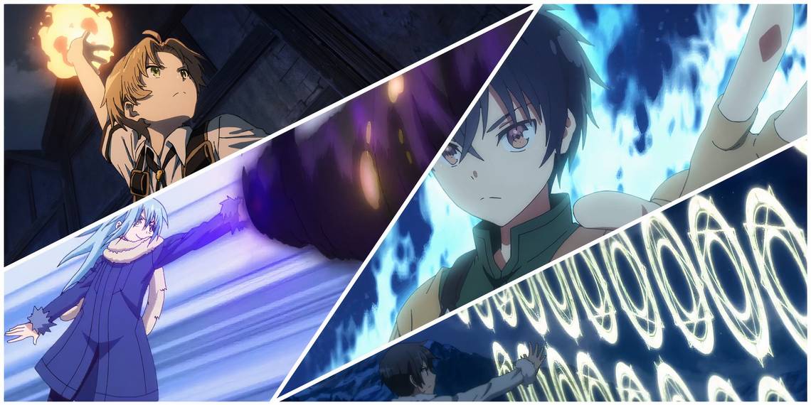 Colagem de vários protagonistas magos de anime isekai