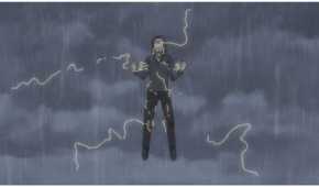 Uncle From Another World anime uncle flying and getting drenched in rain in despair
