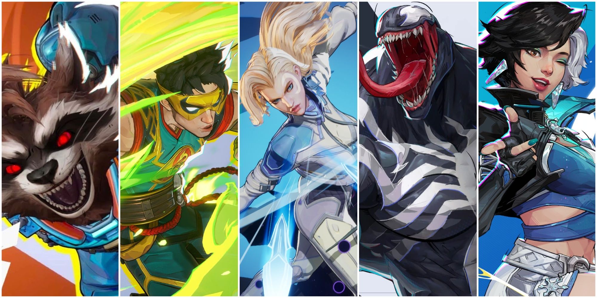 A collage of images of the Marvel Rivals heroes Rocket Raccoon, Iron Fist, Cloak and Dagger, Venom and Luna Snow