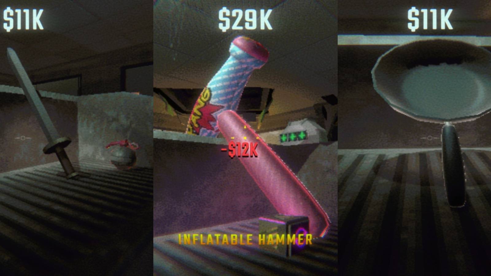 sword, inflatable hammer and frying pan