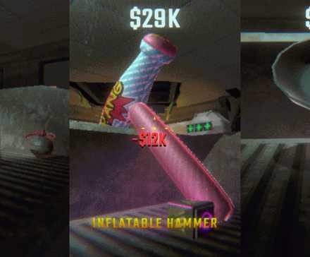 sword, inflatable hammer and frying pan