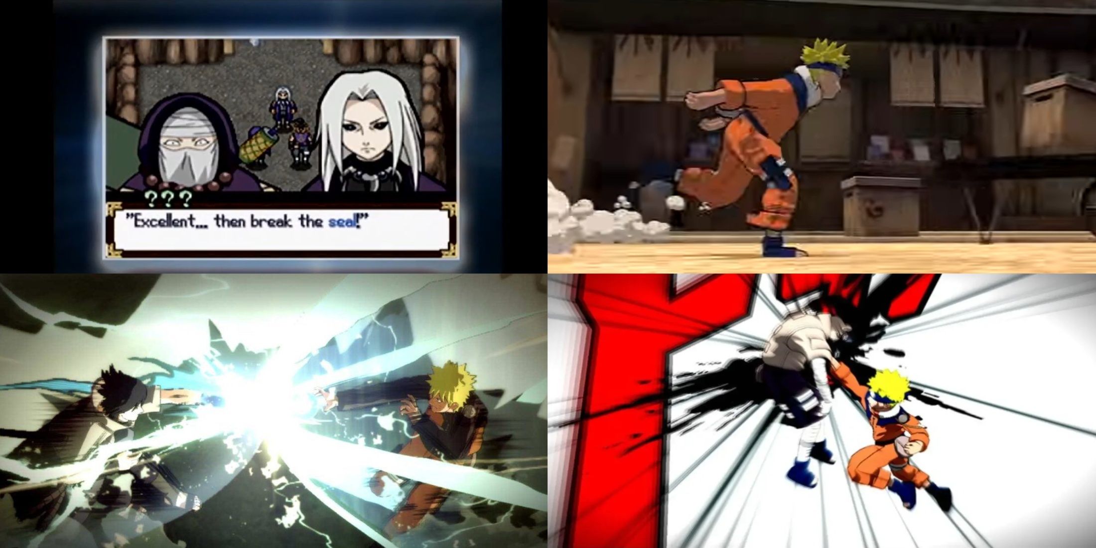 Naruto Shippuden Ultimate Ninja Storm 4, Naruto The Broken Bond, Naruto Path of the Ninja 2, Naruto Rise of a Ninja naruto stories mixed gameplay collage