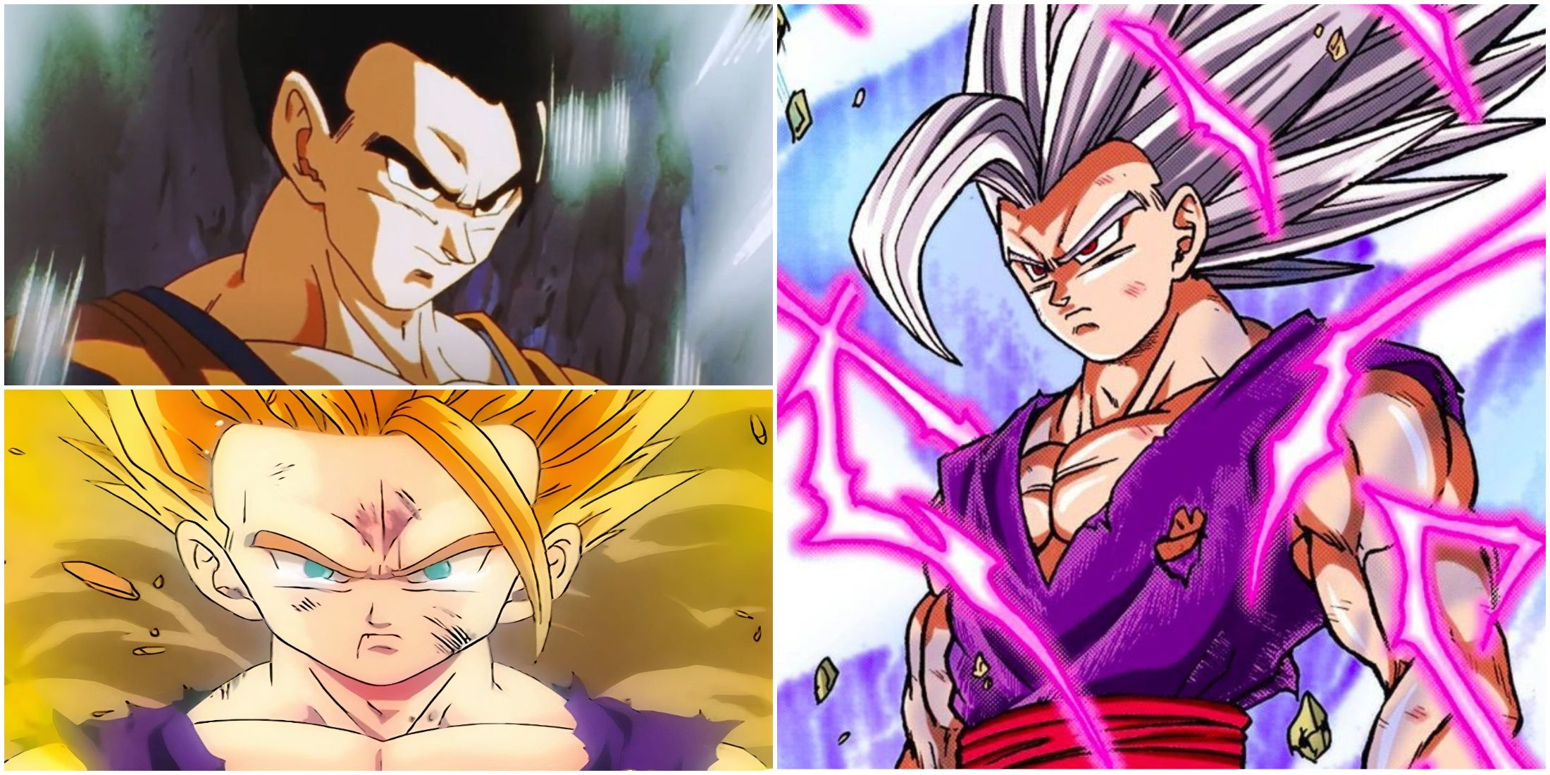 A collage image featuring Ultimate Gohan, SSJ2 Gohan, and Beast Gohan