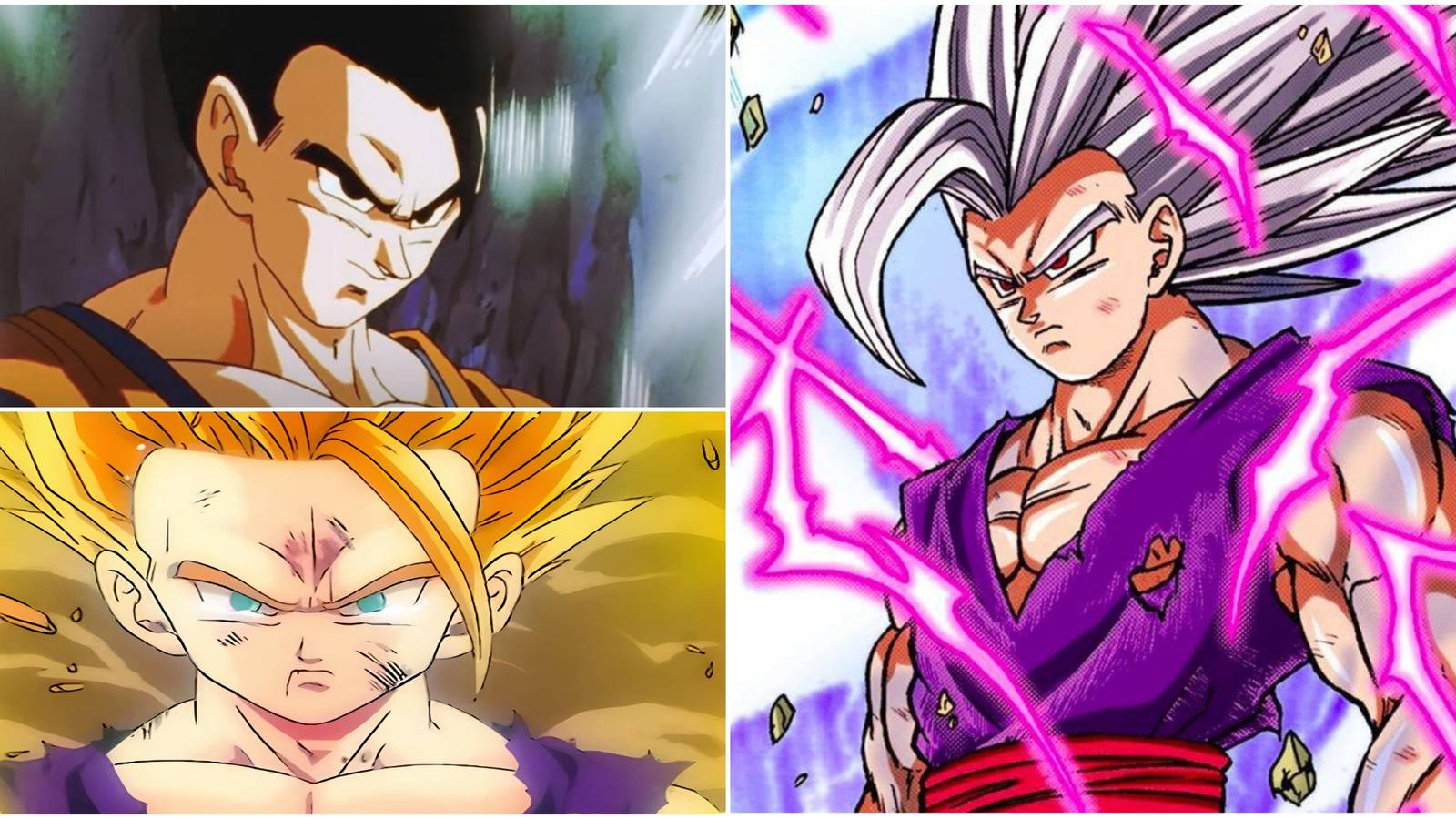A collage image featuring Ultimate Gohan, SSJ2 Gohan, and Beast Gohan
