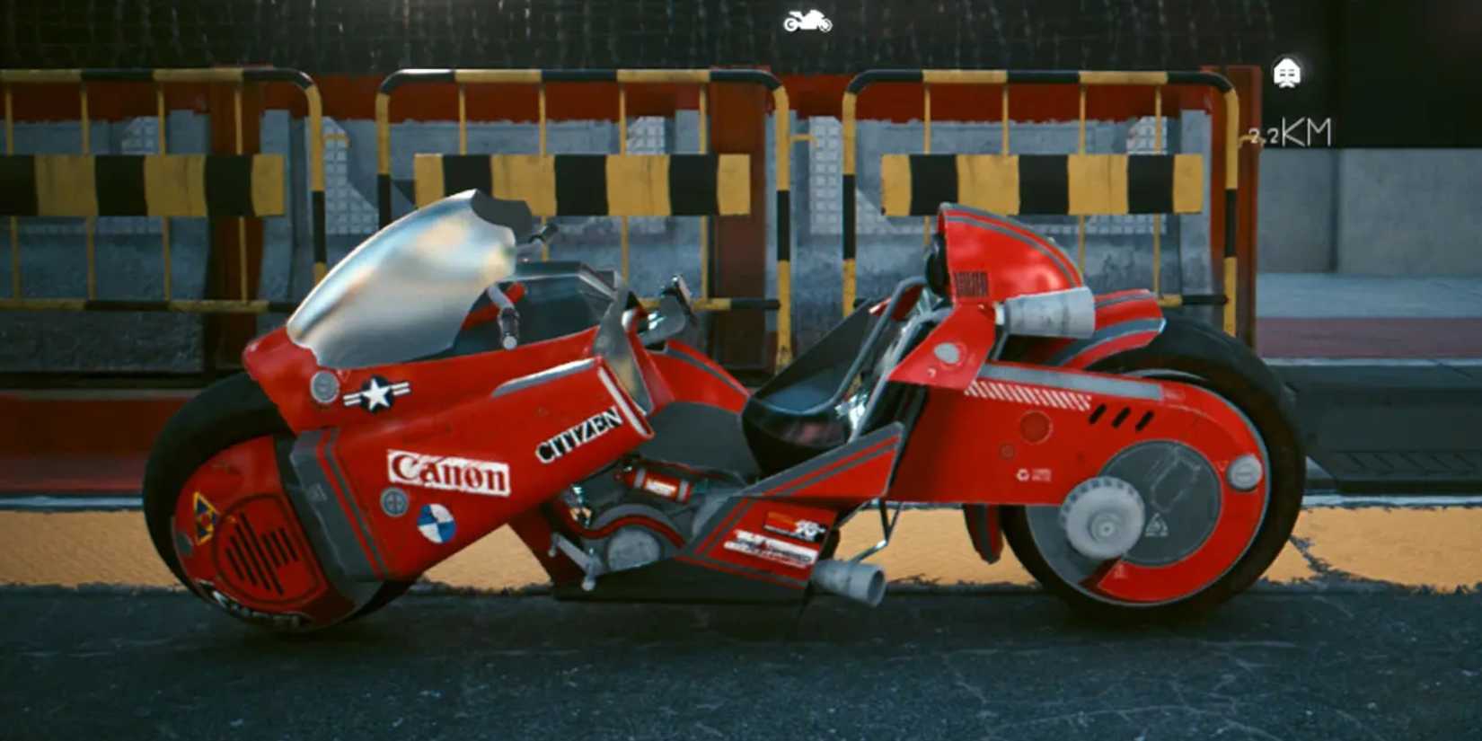 Cyberpunk 2077 Kaneda Red parked against a fence