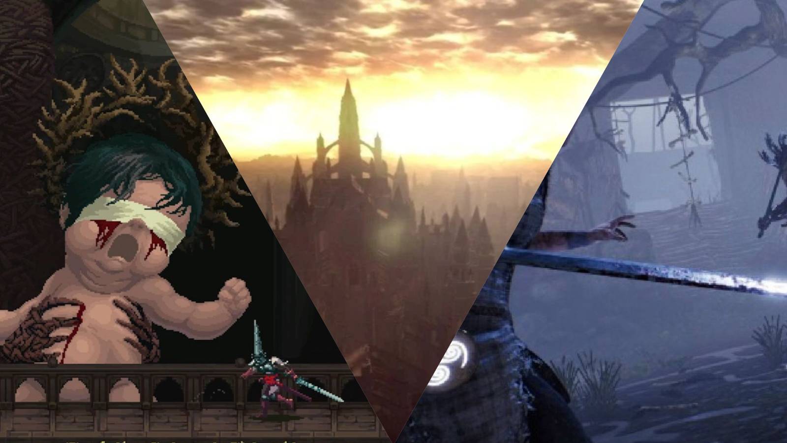 Blasphemous, Dark Souls And Hellblade 3 Way Split Image