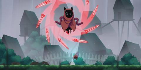 Astalon: Tears of the Earth Iko fighting a big enemy with swords