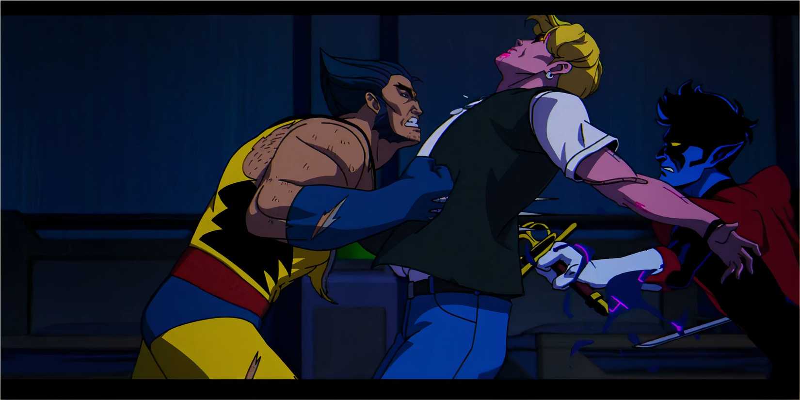 Wolverine and Nightcrawler fighting Sentinel hybrids