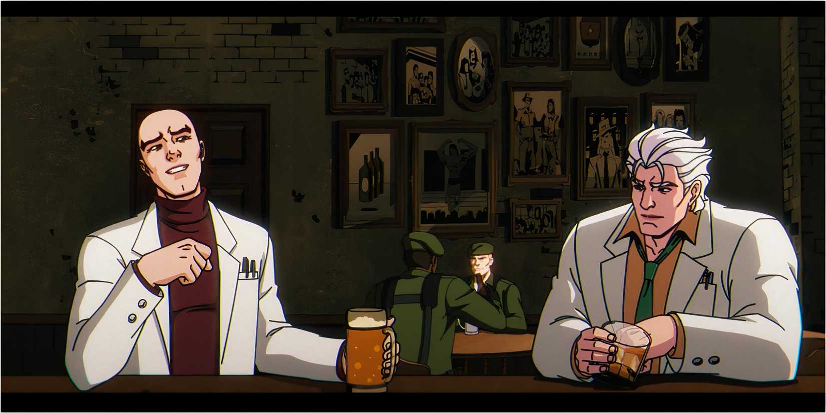 Young Professor X and Magneto talking in a bar scene from X-Men '97.