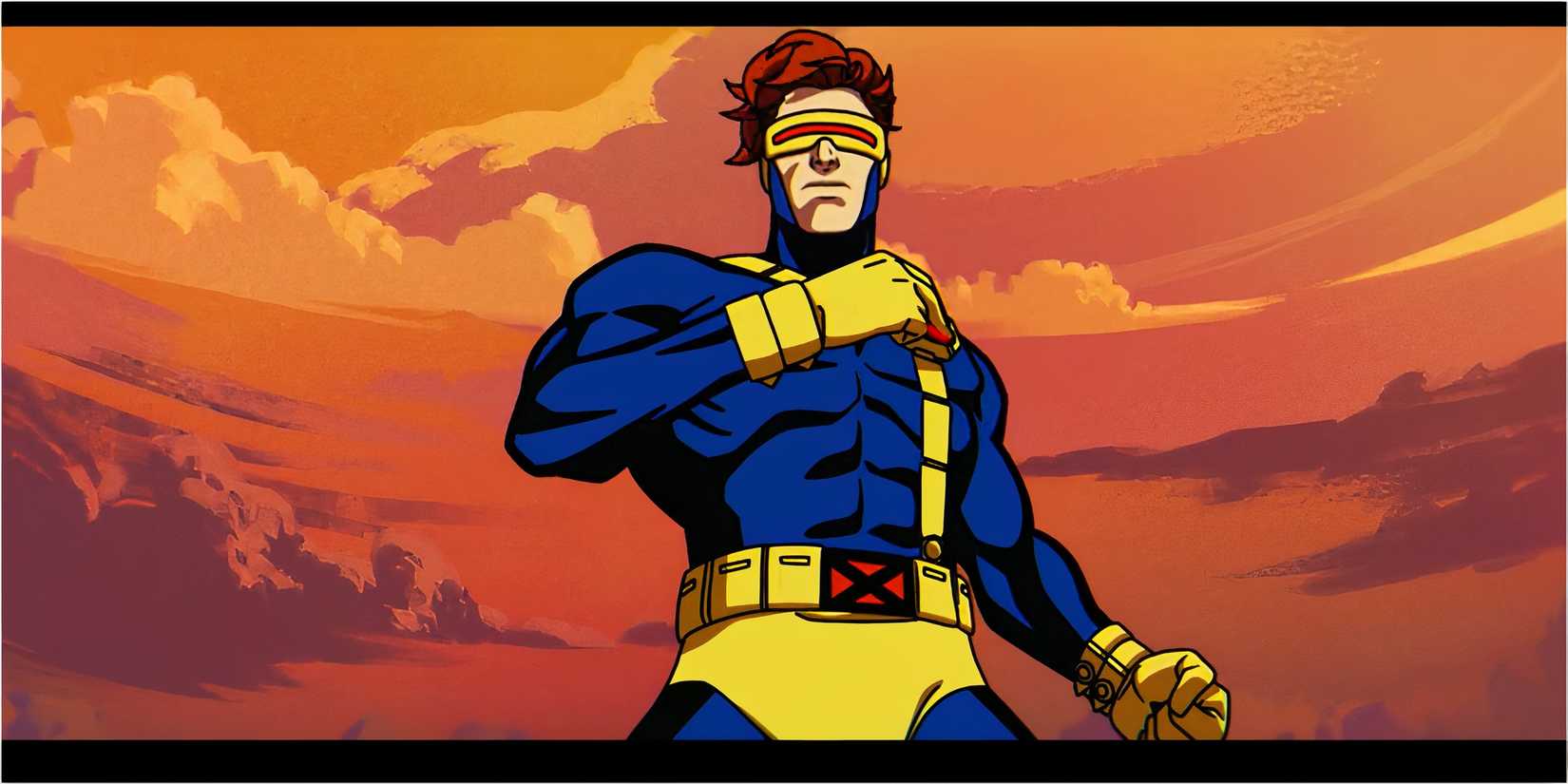 Cyclops standing confidently against an orange sky in X-Men '97