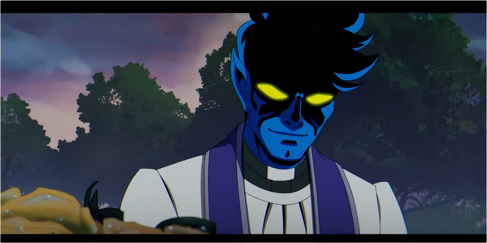 Nightcrawler calmly smiling with glowing eyes in X-Men '97