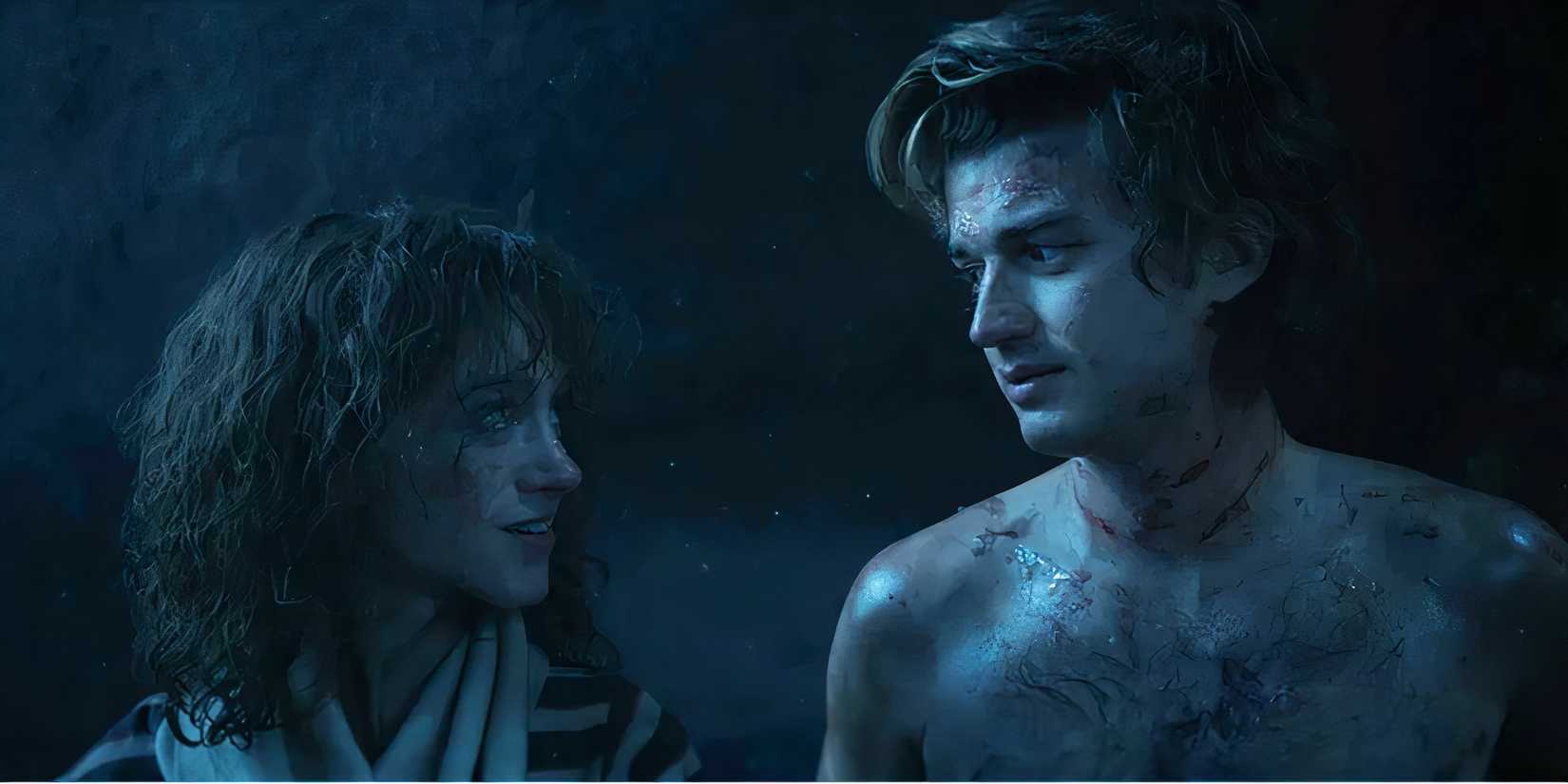 Steve and Nancy looking at each other in the Upside Down in Stranger Things season 4 