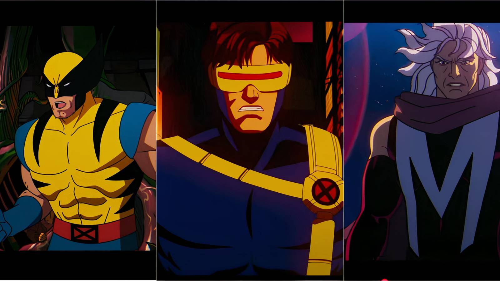 Wolverine, Cyclops, and Magneto shown side by side from X-Men '97.