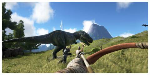 Player aiming bow at t-rex while friends chase it