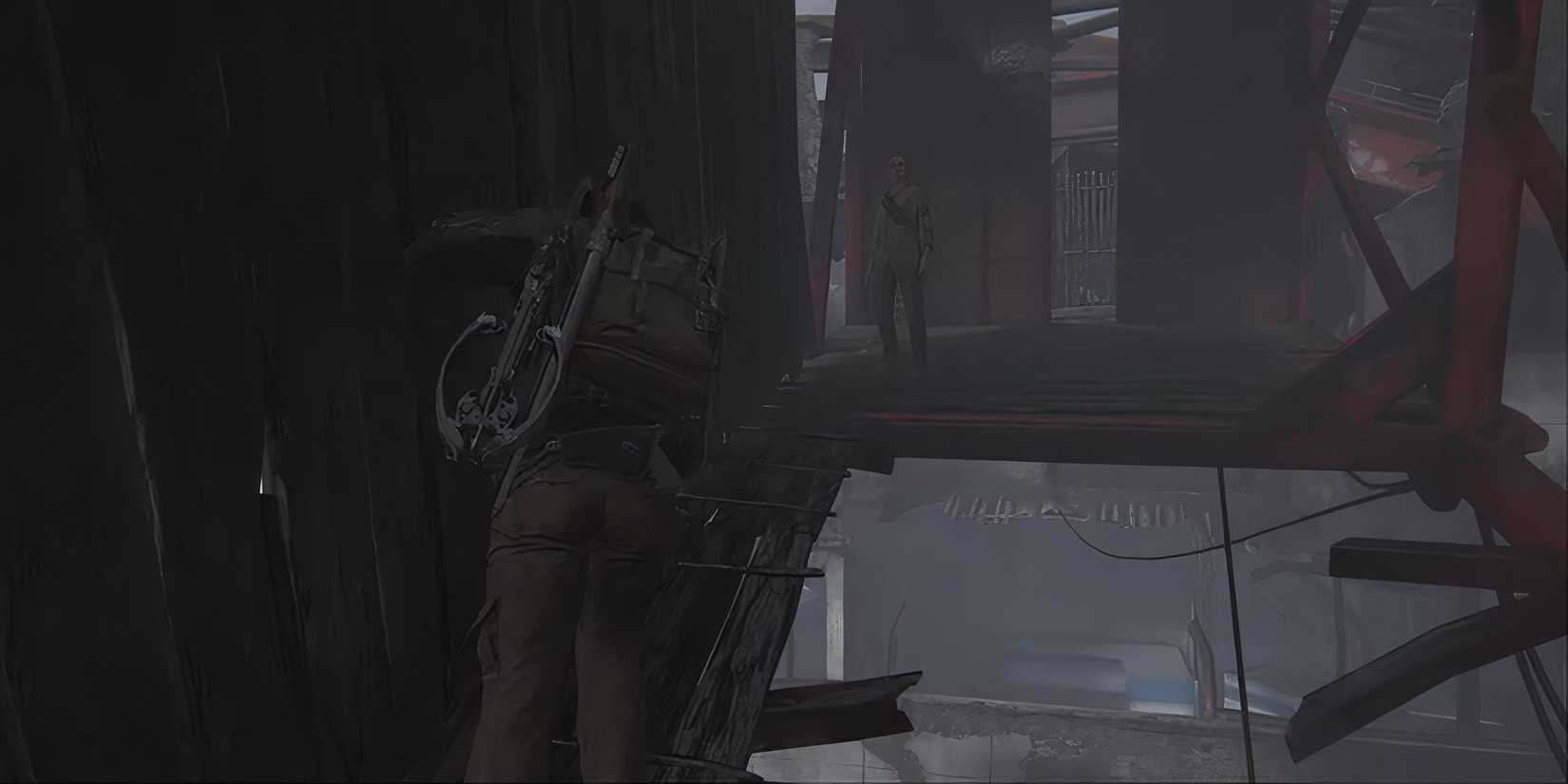 Abby crosses skybridge as Lev supports her