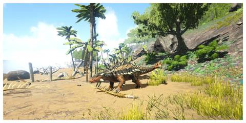 Ankylosaurus walking on beach next to sea and hill