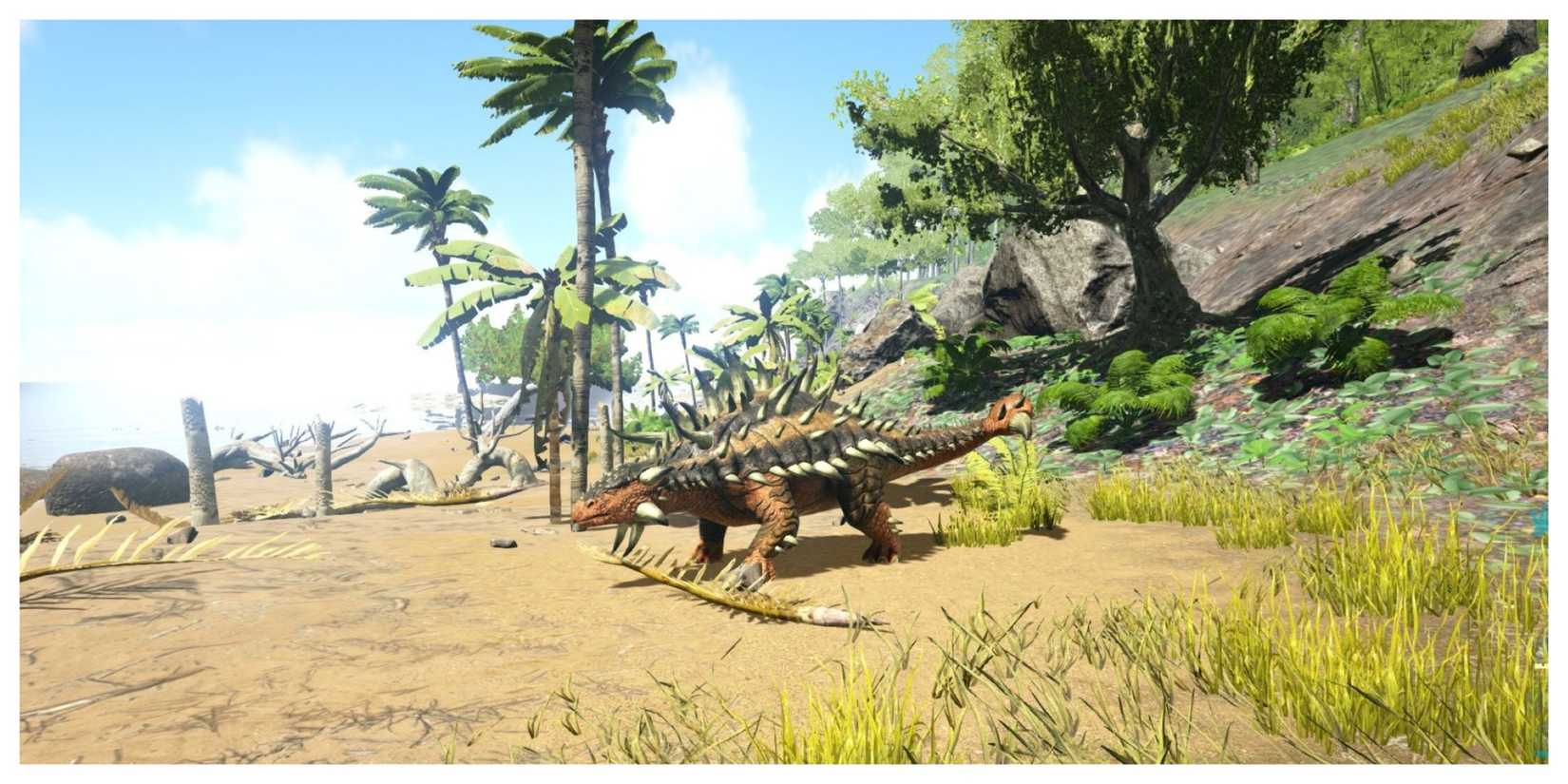 Ankylosaurus walking on beach next to sea and hill