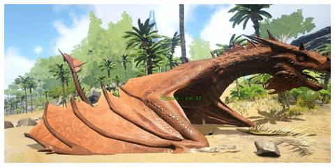 Orange wyvern on beach with forest in background