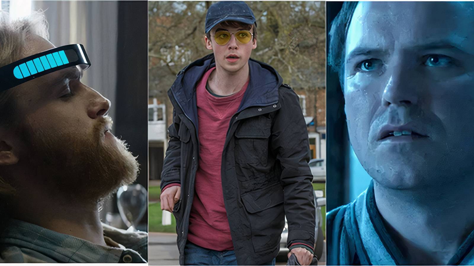 Collage of characters from Black Mirror in tense moments.