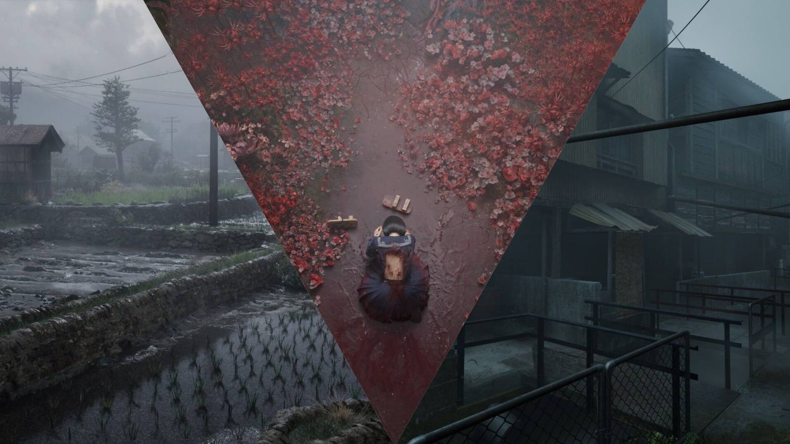 3 Way Split Image Of Silent Hill F Promo Images, Countryside, Alley, Hinako