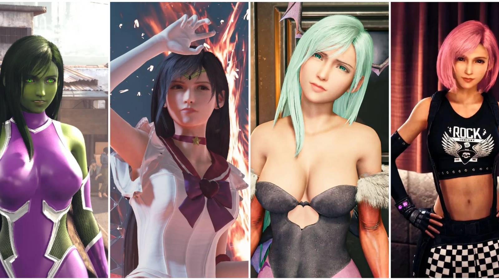 A collage of images of Tifa from Final Fantasy 7 remake with different mods applied