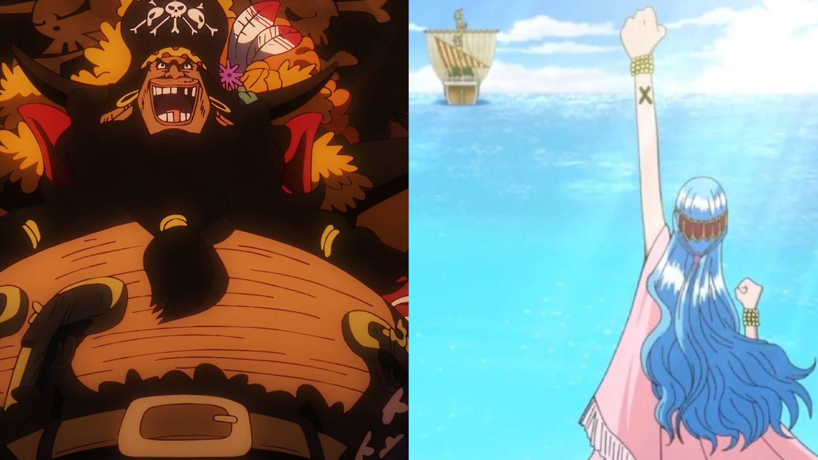 Blackbeard, sitting with a smile, and Vivi, holding her arm with an X marked on it