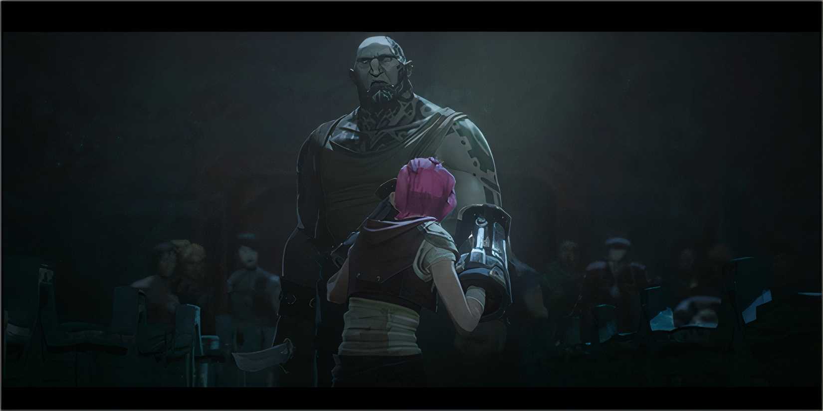 Vi squares off against a large, tattooed man in a dim arena.