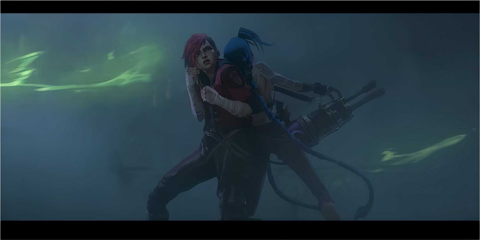 Vi and Jinx stand together amid smoke, surrounded by green-lit mist.
