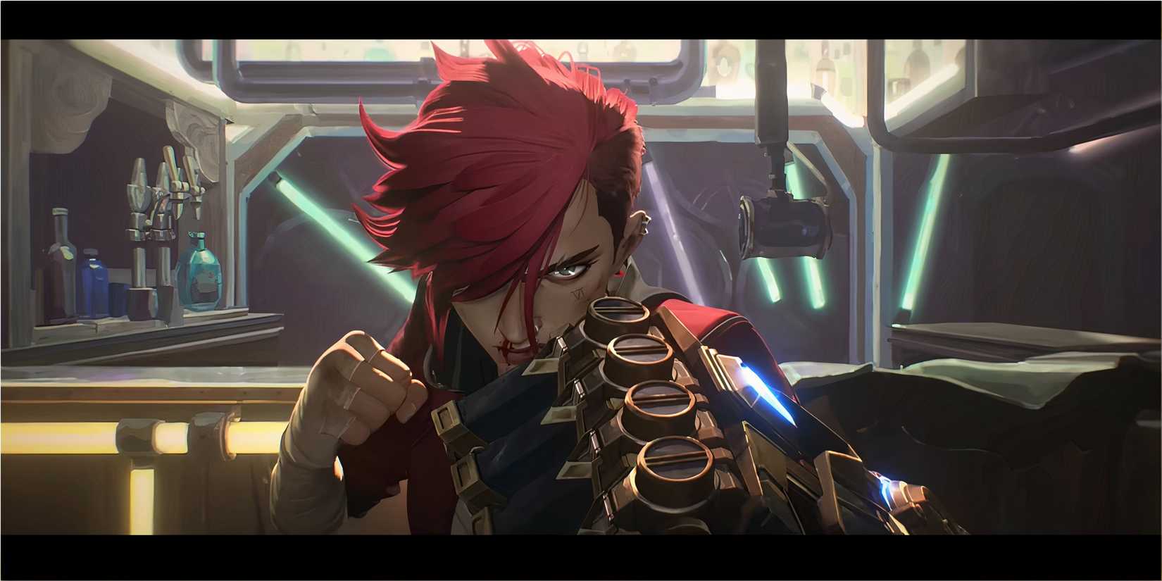 Vi stands ready to strike with her gauntlet inside a dimly lit bar.